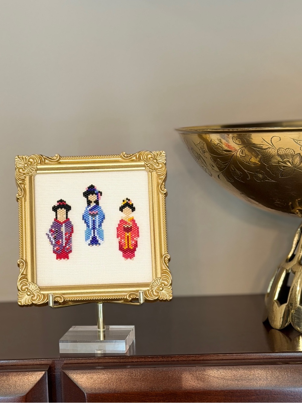 Framed Kimono Girls Miniature Art • Handmade Seed Bead Decor - Picture 4 of 7
